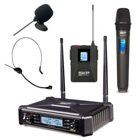 Sistema inalámbrico SKP UHF-700 PRO con micrófono de mano, cintillo y lavalier en maleta