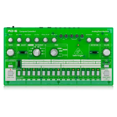 Caja de ritmos analógica Behringer RD6LM verde con perillas y secuenciador