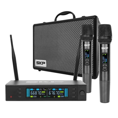 Sistema de dos micrófonos inalámbricos SKP Clarity II con receptor metálico