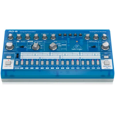 Caja de ritmos analógica Behringer RD6BU celeste con perillas y secuenciador