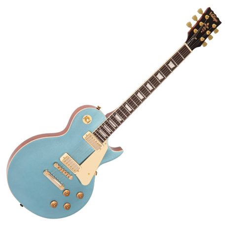 Guitarra eléctrica Vintage V100 Gun Hill Blue con hardware dorado y golpeador crema
