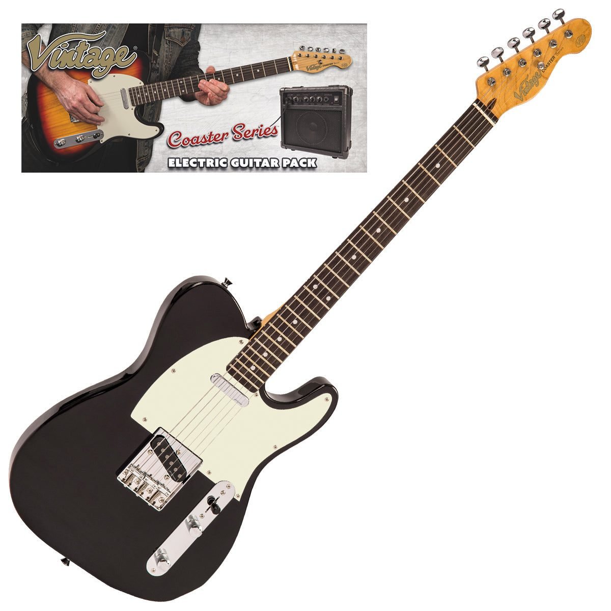 Pack guitarra eléctrica Vintage Coaster V20 negra con funda