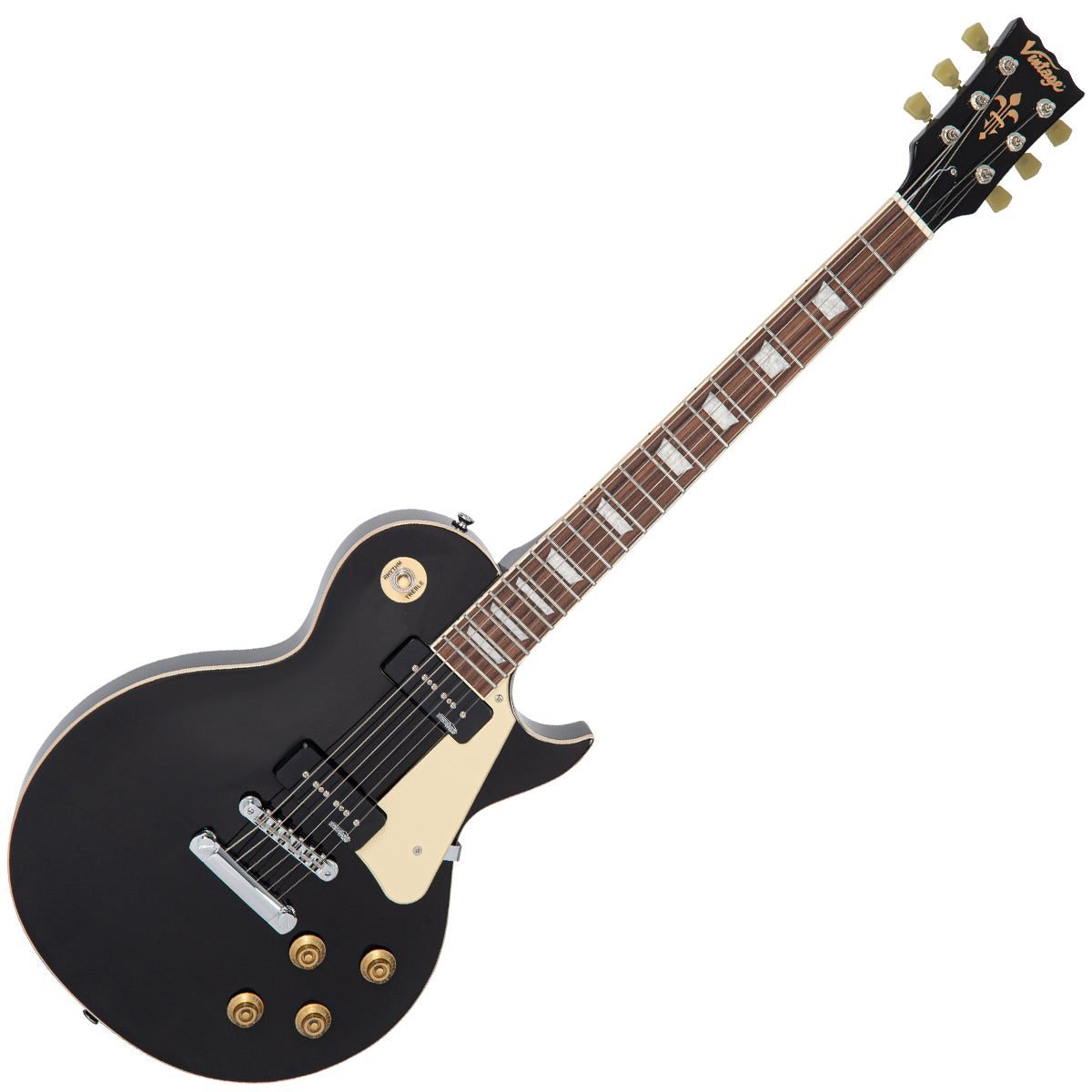 Guitarra eléctrica Vintage V100P Gloss Black con cordal Bigsby y clavijas Grover tulip
