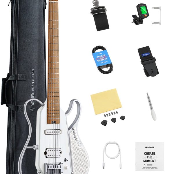 Guitarra eléctrica Donner HUSH X Live blanca sin cabezal con altavoz extraíble